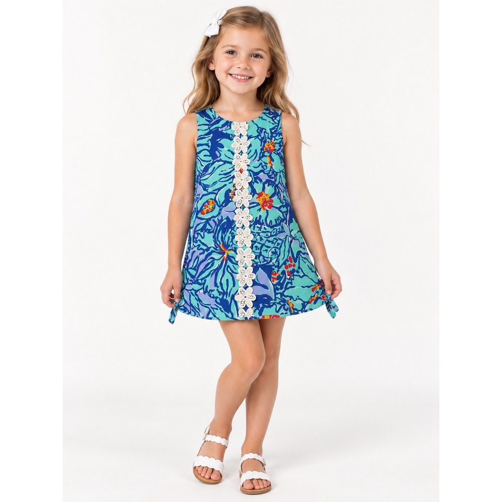Lilly Pulitzer Girls Blue Floral Shift Dress Lace Trim Side Ties Size 5 62457G
